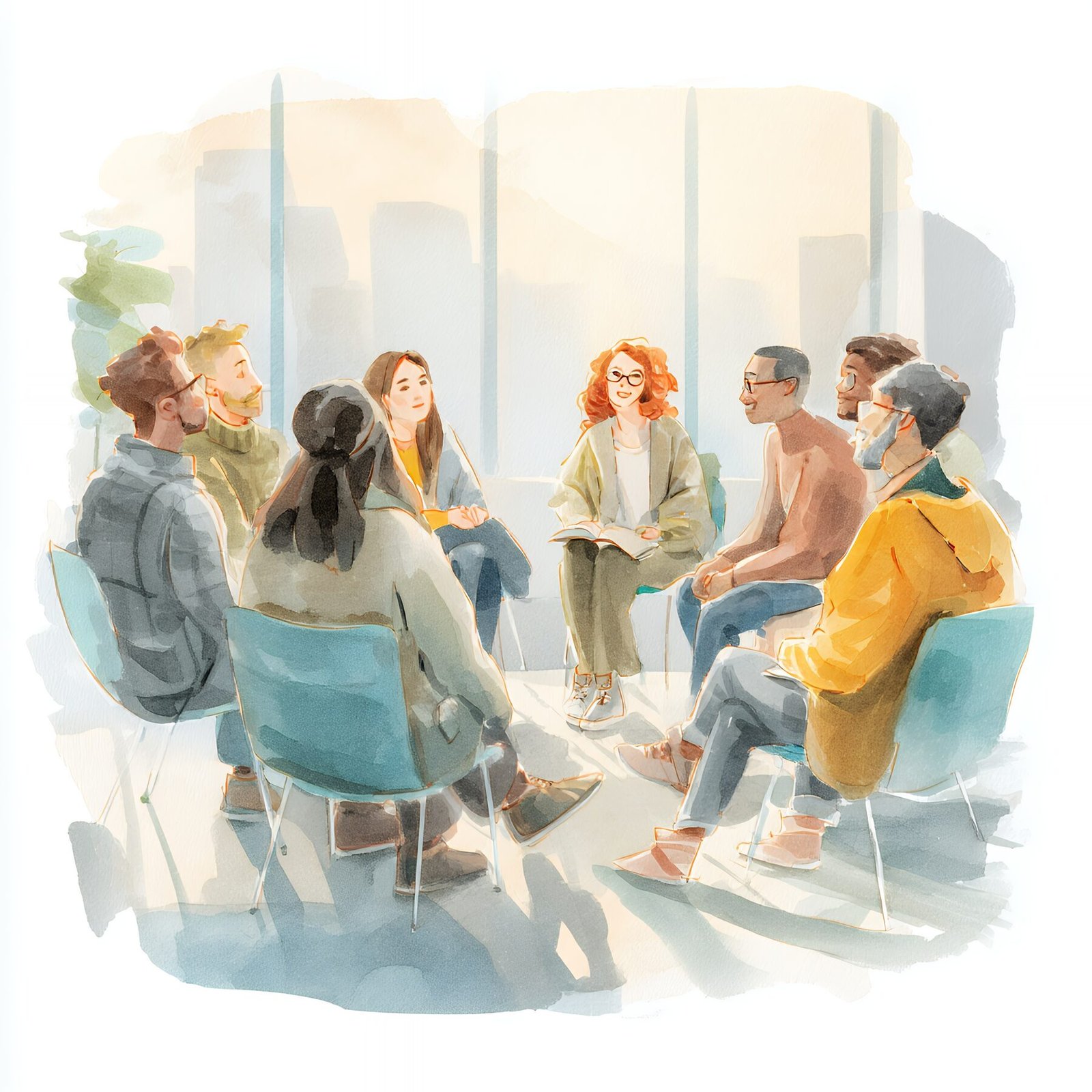 Watercolor of people seated together in a circle