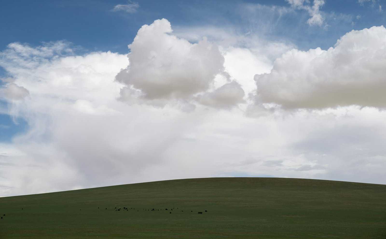 Wide open sky with clouds over a low green hill